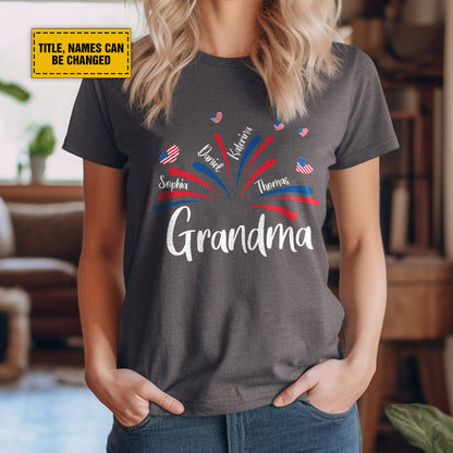 Teesdily | Customized Grandma American Flag Shirt, Fireworks Heart Mom Sweatshirt, Mama And Kids T-Shirt, Mom Papa Mug Cup, Independence Day Gifts