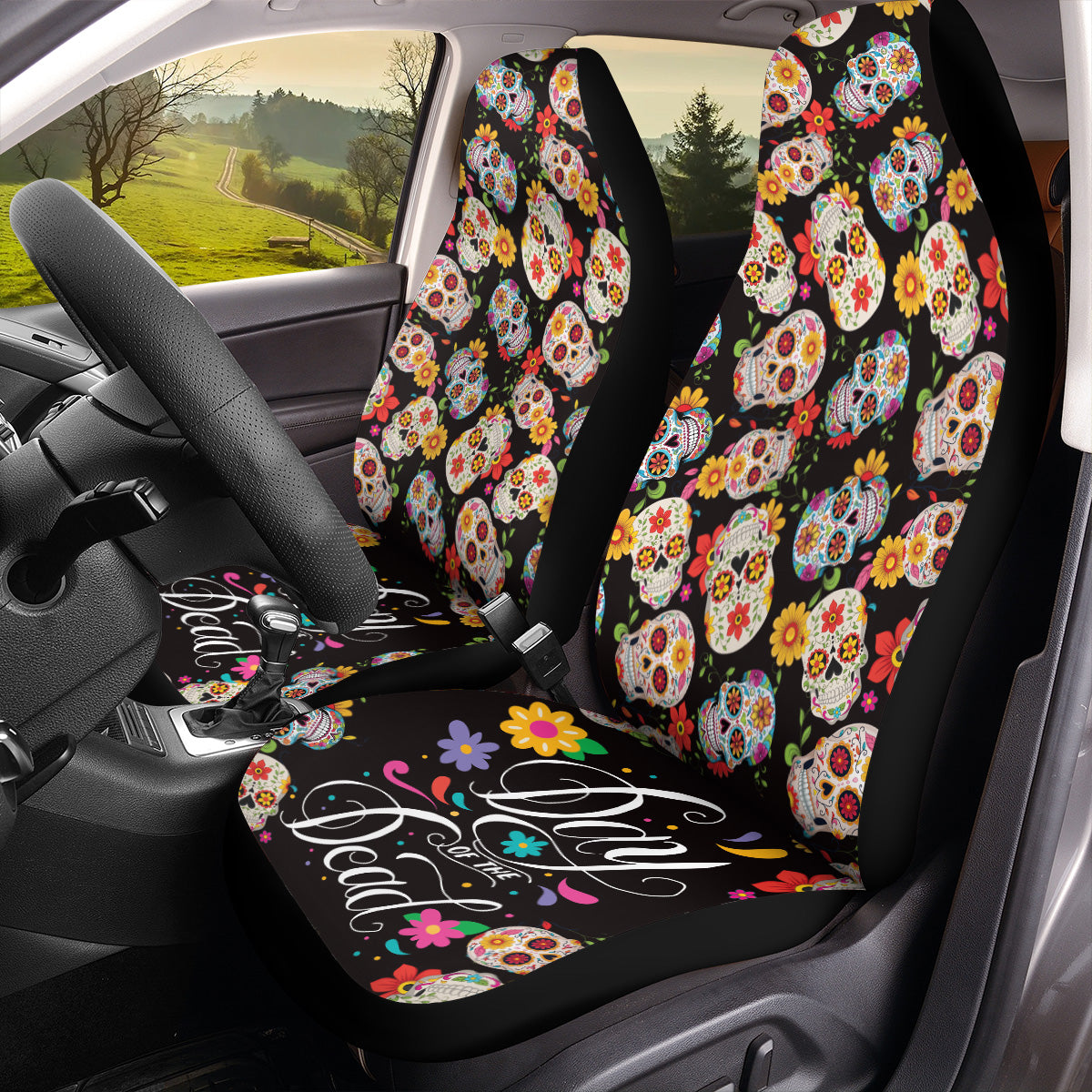 Teesdily | Sugar Skull Car Seat Cover, Mexican Day Of The Dead Front Seat Cover, Flower Dia De Los Muertos Protection Seats, Halloween Gift, Car Decor