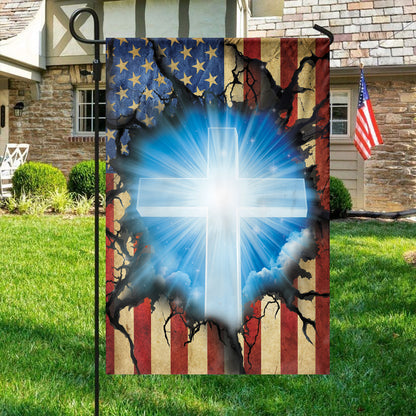 Teesdily | Jesus Cross Crack Hole House Flag, Jesus Christ Cross Garden Flag, Christian Home Garden Decor, Religious Outdoor Home Decor