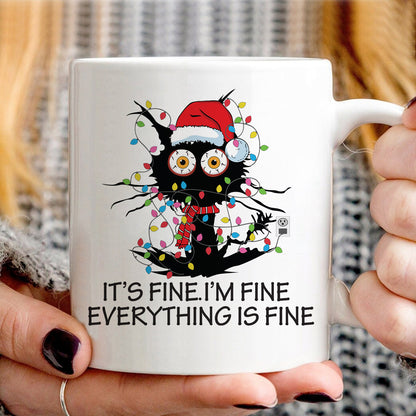 Teesdily | I'm Fine Everything Is Fine Sweatshirt, Christmas Black Cat Santa Shirt, Christmas Light Hoodie Mug, Cat Mom Lover Gift