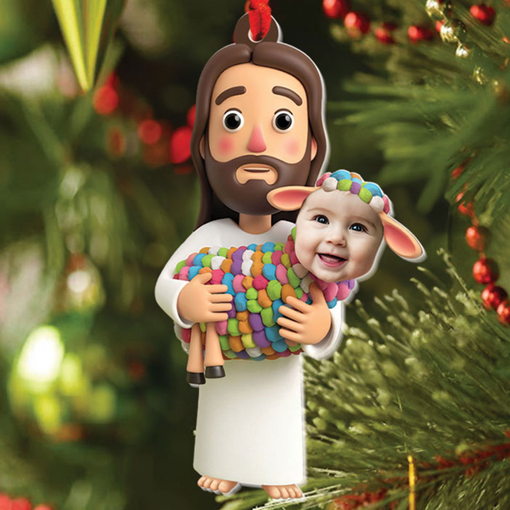 Teesdily | Customized Jesus Lamb Of God Christmas Acrylic Ornament, Jesus Holding Sheep Xmas Ornament, Jesus Lover Gift