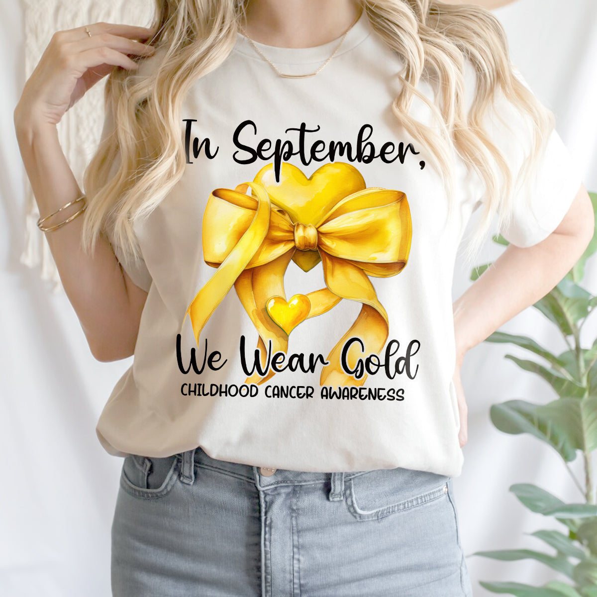 Teesdily | In September We Wear Gold Shirt, Cancer Coquette Bow Gold Sweatshirt, Childhood Cancer Awareness Hoodie Mug Survivor