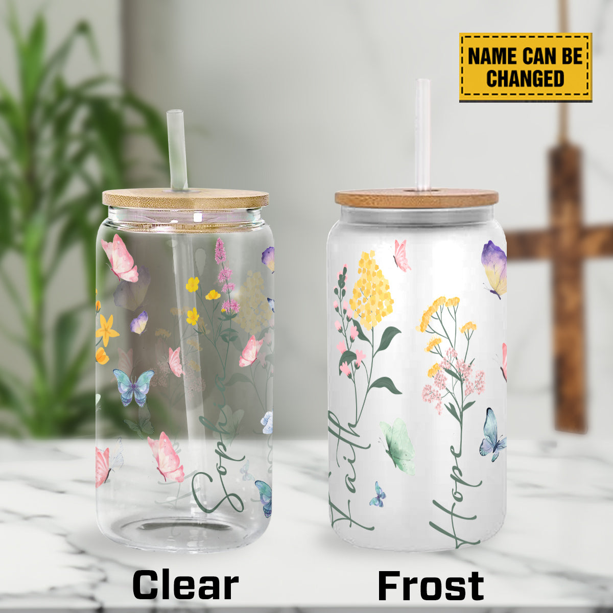 Teesdily | Customized Jesus Flowers Glass Can, Jesus Butterfly Coffee Cup, Faith Hope Love Can, God Lover Gift, Frosted / Clear Glass Can With Straw