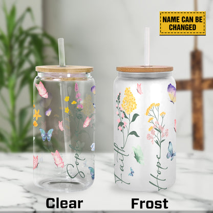 Teesdily | Customized Jesus Flowers Glass Can, Jesus Butterfly Coffee Cup, Faith Hope Love Can, God Lover Gift, Frosted / Clear Glass Can With Straw