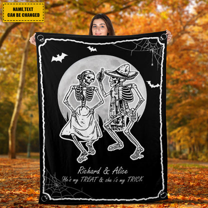 Teesdily | Gothic Skeleton Blanket Personalized Halloween Couple Dancing Sofa Blanket He's My Treat And She Is My Trick Funny Halloween Gifts For Lover