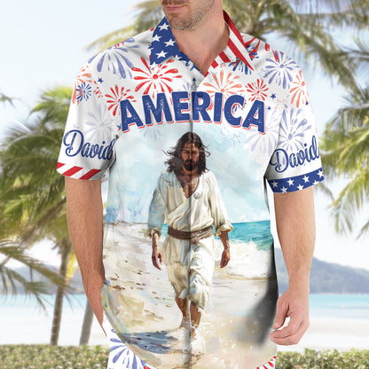 Teesdily | Customized Jesus America Beach Hawaiian Shirt, Happy 4th Of July Hawaii Set, Independence Day Gift, US Flag Pride Aloha Set Summer For Men