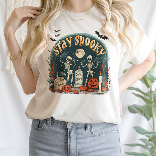 Teesdily | Skeleton Halloween Shirt, Stay Spooky Shirt, Dancing Skeleton Shirt, Retro Halloween Spooky Season Sweatshirt Hoodie Mug