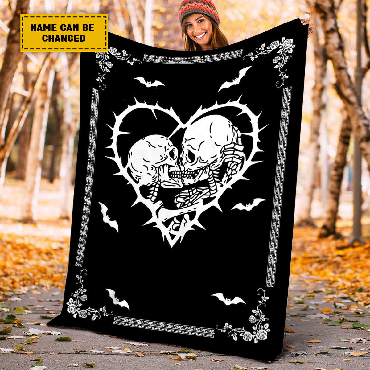 Teesdily | Personalized Skeleton Couple Blanket Together Forever Fleece Blanket Halloween Goth Couple Halloween Gift Personalized Skull Gothic