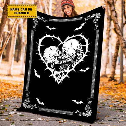 Teesdily | Personalized Skeleton Couple Blanket Together Forever Fleece Blanket Halloween Goth Couple Halloween Gift Personalized Skull Gothic