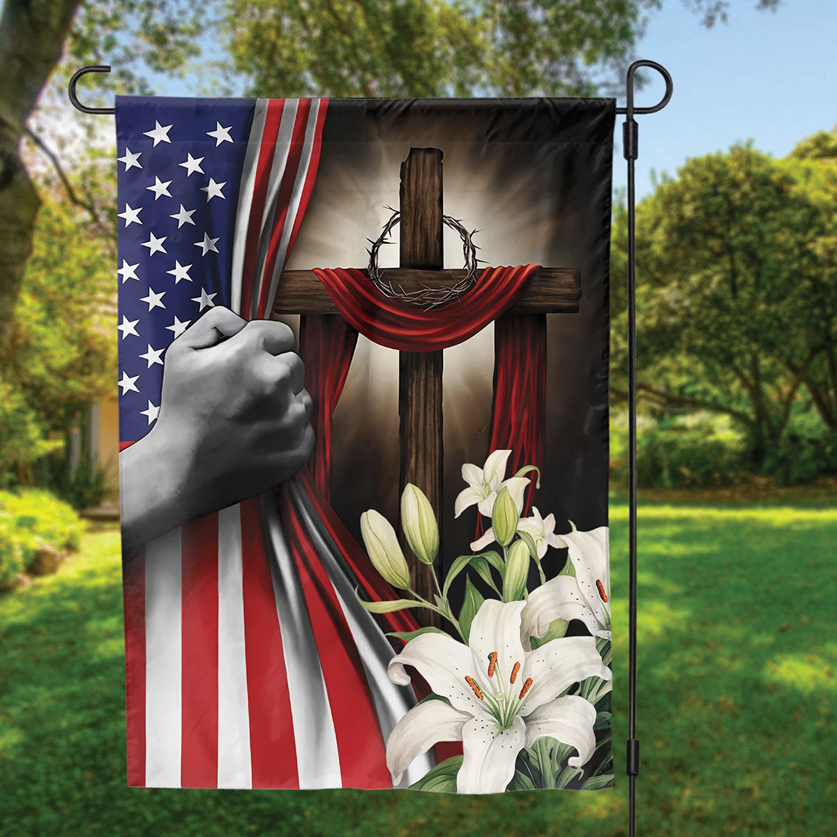 Teesdily | Jesus Cross Hand Pull American Flag, Christ Cross Lily Garden Flag, Christian Home Outdoor Decoration, God Believer House Flag Decor