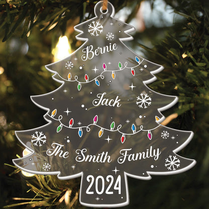 Teesdily | Personalized Christmas Tree Family Acrylic Ornament, Xmas Tree With Family Names And Led Lights Plastic Ornament, Christmas Decoration