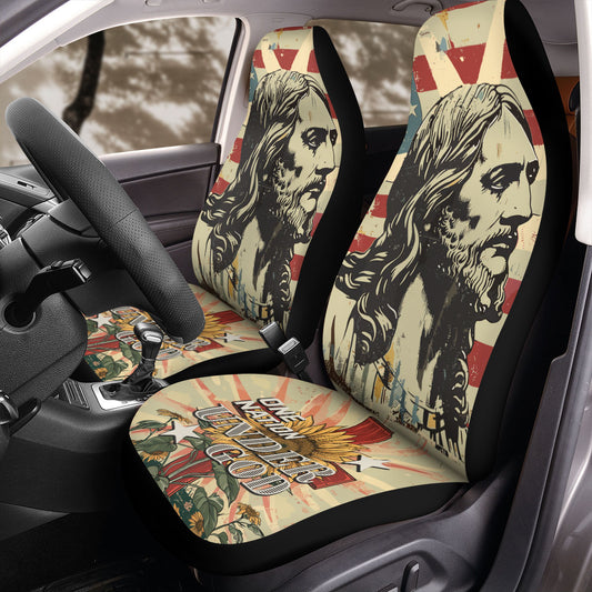 Teesdily | Jesus American Flag Sunflower Car Seat Cover, One Nation Under God front seat cover, christ cross seat protector, independence day gift