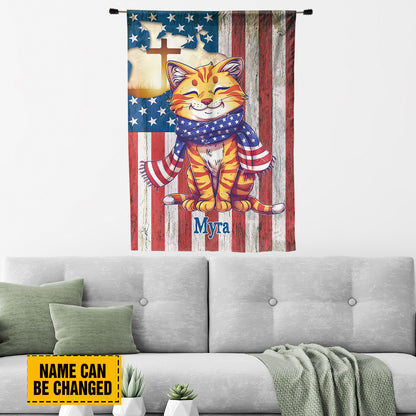 Teesdily | Custom Cat Jesus Cross Flag, Independence Day Garden Flag, Jesus American Flag Home, Fourth Of July Garden Flag Yard Decor, Cat Lover Gift