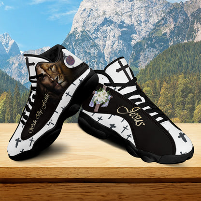 Teesdily | Jesus Lion Walk By Faith Basketball Shoes, Christian Flower Cross Running Shoes, Religious Gift For Jesus Lovers