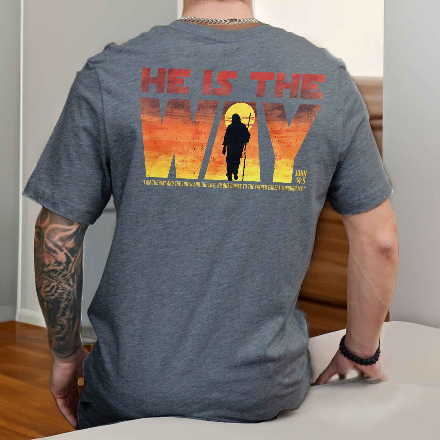 Teesdily | Jesus Walking Sunset Shirt, He Is The Way The Truth The Life Unisex Hoodie Sweatshirt Mug, Christian Shirt Backside, Religious Gift Ideas