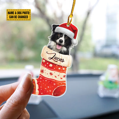 Teesdily | Customized Border Collie In Santa Stocking Ornament, Christmas Dog Ornament, Santa Pet Ornament Hanging Christmas Tree Decor, Dog Gift