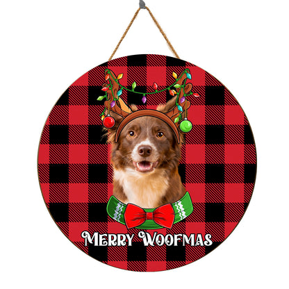 Teesdily | Customized Dog Photo Christmas Santa Round Wood Sign Merry Woofmas Wood Door Hanger Pet Owner Christmas Door Hanging