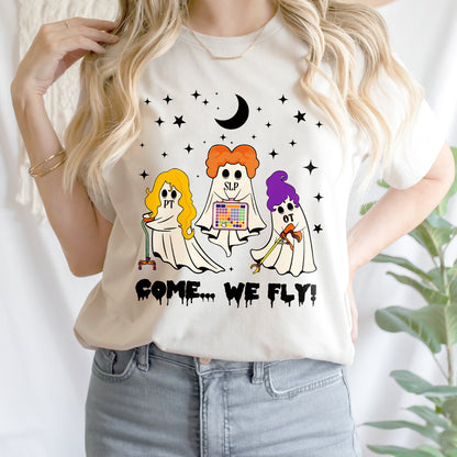 Teesdily | Halloween OT PT SLP Team Shirt, Cute Ghost Come We Fly Halloween Tee Sweatshirt Hoodie Mug, Halloween Lovers Gifts, OT PT Halloween Gifts