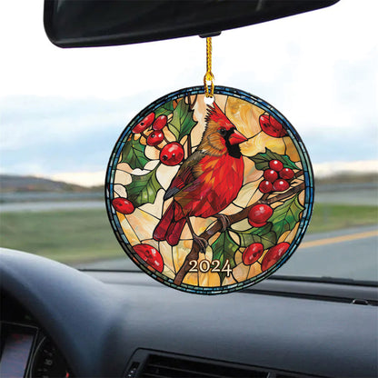 Teesdily | Cardinal Christmas Stained Glass Print Rear View Mirror Accessories, Cardinal Christmas 2024 Rear View Mirror Hanging, Christmas Tree Decor