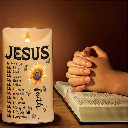 Teesdily | Personalized Jesus Is My God My King My Lord My Savior LED Candle, Jesus Christ Cross Sunflower Candle No Battery Gift