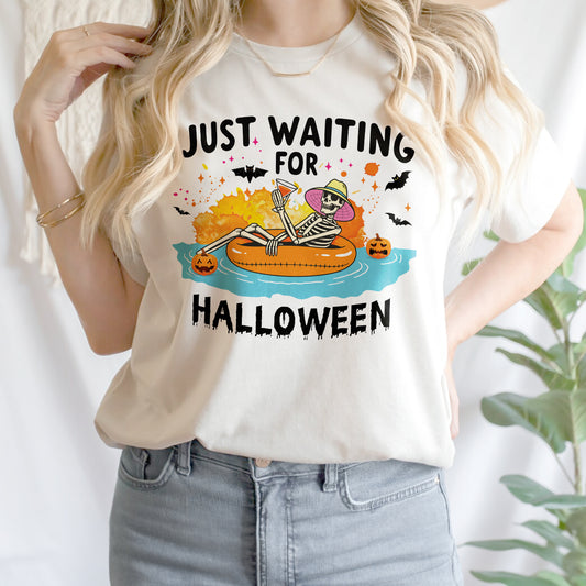 Teesdily | Halloween Skeleton Shirt, Just Waiting For Halloween Sweatshirt Hoodie Mug, Skeleton Pumpkin Tee, Cute Spooky Summer Halloween Gifts