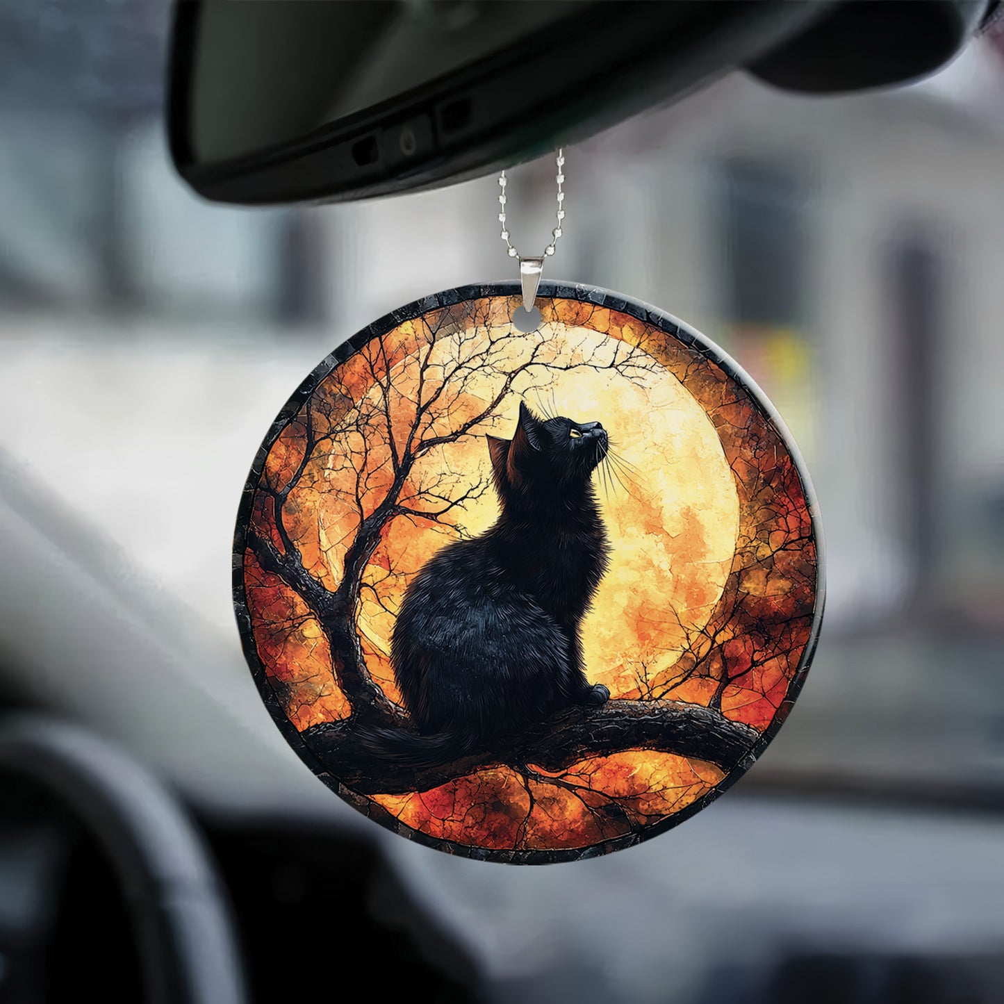 Teesdily | Black Cat Halloween Ceramic Ornament, Cat And Spooky Season Halloween Car Hanging Ornament, Halloween Gifts, Halloween Home Decoration