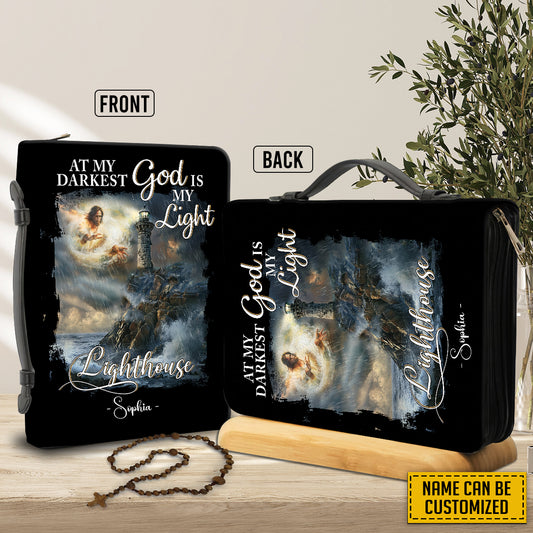 Teesdily | Personalized Jesus Lighthouse Storm Bible Cover, At My Darkest God Is My Light Bible Case With Handle, God Faith Christian Religious Gift