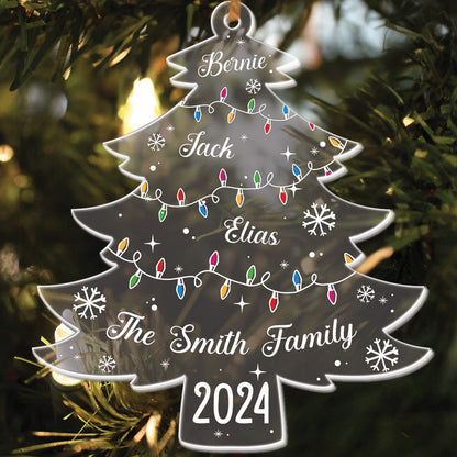 Teesdily | Personalized Christmas Tree Family Acrylic Ornament, Xmas Tree With Family Names And Led Lights Plastic Ornament, Christmas Decoration