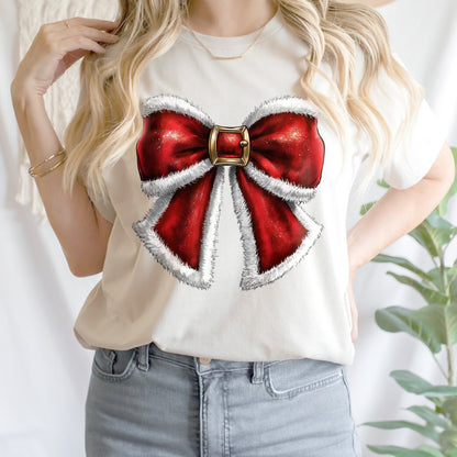 Teesdily | Santa Bow Shirt, Noel Santa Bow Sweatshirt, Coquette Christmas Tshirt, Merry Christmas Hoodie Mug, Christmas Coquette Bow Gift