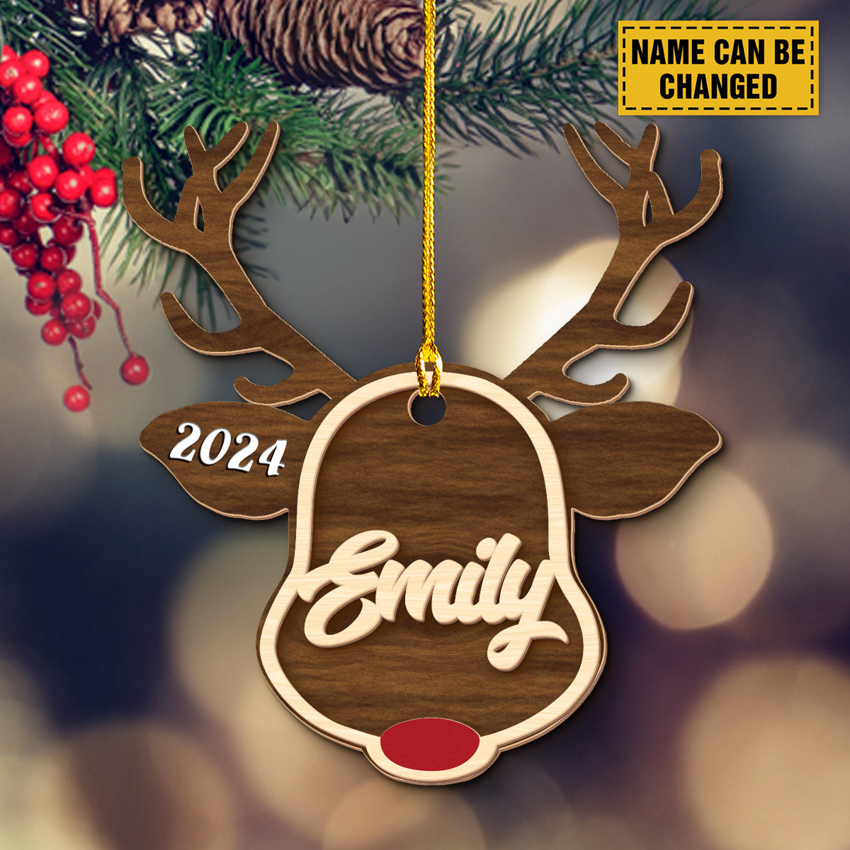 Teesdily | Customized Reindeer Rudolph Christmas Ornament, Family Name Deer Horn 2 Layered Wooden Ornaments, Home Decor 2024 Gift