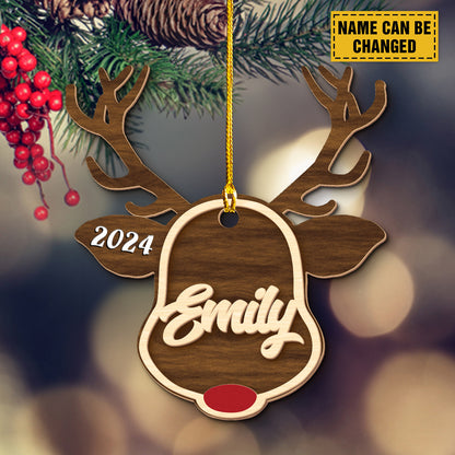 Teesdily | Customized Reindeer Rudolph Christmas Ornament, Family Name Deer Horn 2 Layered Wooden Ornaments, Home Decor 2024 Gift