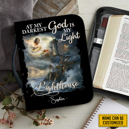 Teesdily | Personalized Jesus Lighthouse Storm Bible Cover, At My Darkest God Is My Light Bible Case With Handle, God Faith Christian Religious Gift