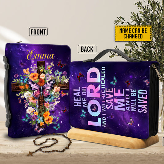 Teesdily | Jesus Cross Floral Customized Bible Cover Heal Me Oh Lord And I Will Be Healed Bible Case Butterfly Galaxy Print Gift For Women In Faith