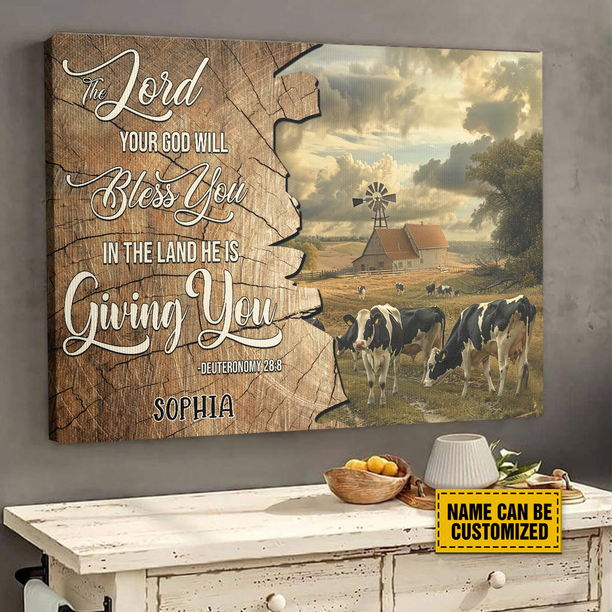 Teesdily | Personalized Dairy Cow Farming Painting Poster, The Lord Your God Will Bless You In The Land, Farmer Gift, Religious Poster Canvas