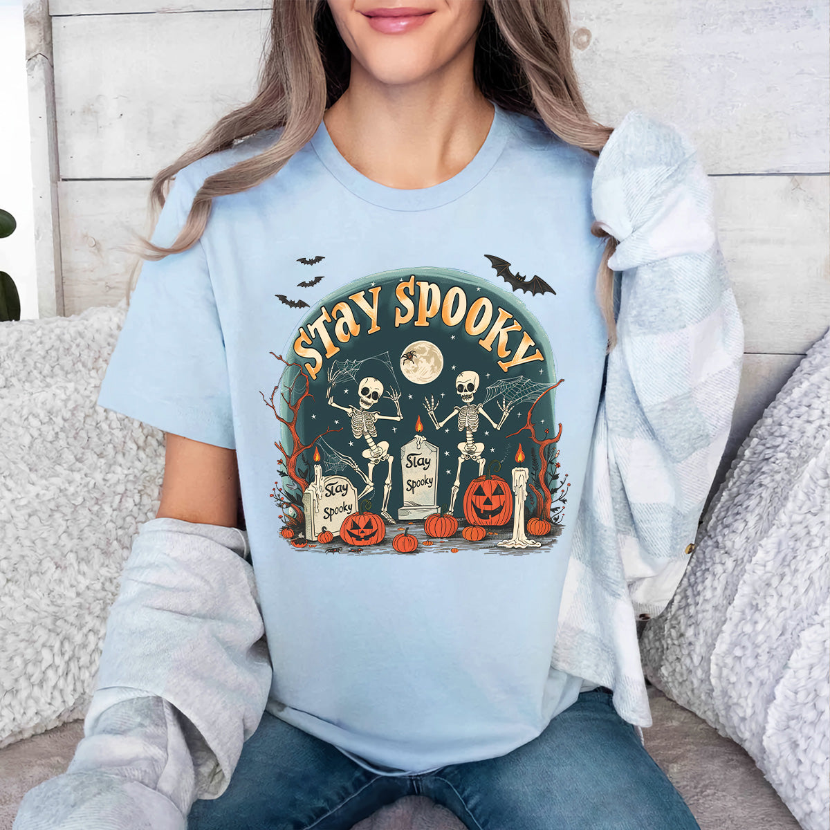 Teesdily | Skeleton Halloween Shirt, Stay Spooky Shirt, Dancing Skeleton Shirt, Retro Halloween Spooky Season Sweatshirt Hoodie Mug, Halloween Gifts