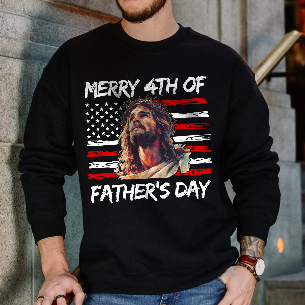 Teesdily | Jesus Dad American Flag T-shirt, Merry 4th Of Father's Day Sweatshirt, Happy Independence Day Gift, Dad Shirt Hoodie, Christian Mug Cup