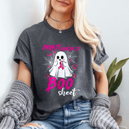 Teesdily | Pink Ribbon Breast Cancer Is Boo Sheet Shirt, Cute Halloween Ghost Boo Sweatshirt, Cancer Survivor Hoodie Mug