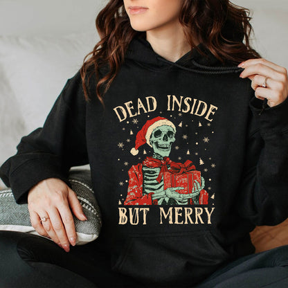 Teesdily | Christmas Skeleton Shirt, Dead Inside But Merry Christmas Sweatshirt Hoodie Mug, Skeleton Santa Tee, Christmas Gift