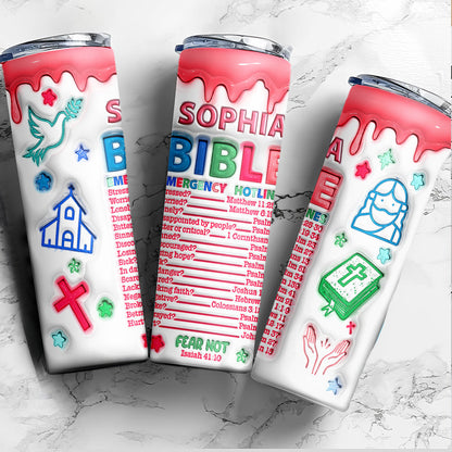 Teesdily | Bible Emergency Hotlines Customizes Inflated 20oz Skinny Tumbler Christian Symbols 3d Insulated Tumbler Religious Inspiration Custom Gifts