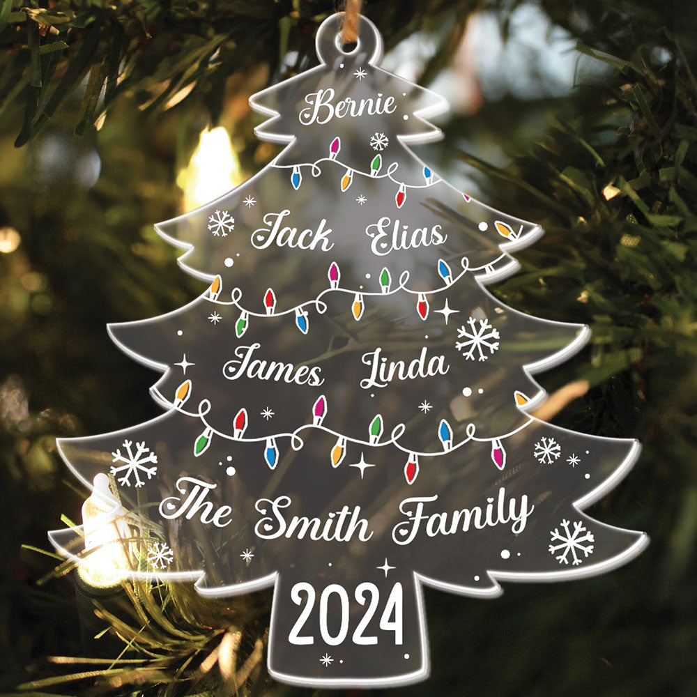 Teesdily | Personalized Christmas Tree Family Acrylic Ornament, Xmas Tree With Family Names And Led Lights Plastic Ornament, Christmas Decoration