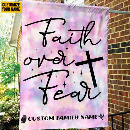 Teesdily | Faith Over Fear Customized Family Name Garden Flag, Jesus Tie Dye Classic House Flag, Hippie Home Garden Decor, Hippie Style Flag