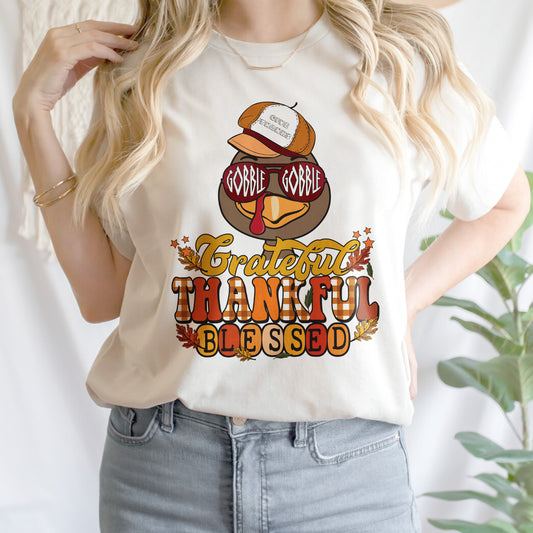 Teesdily | Happy Thanksgiving Turkey Shirt, Gobble Gobble Give Thanks Thankful Blessed Tee Sweatshirt Hoodie Mug, Thanksgiving Tee