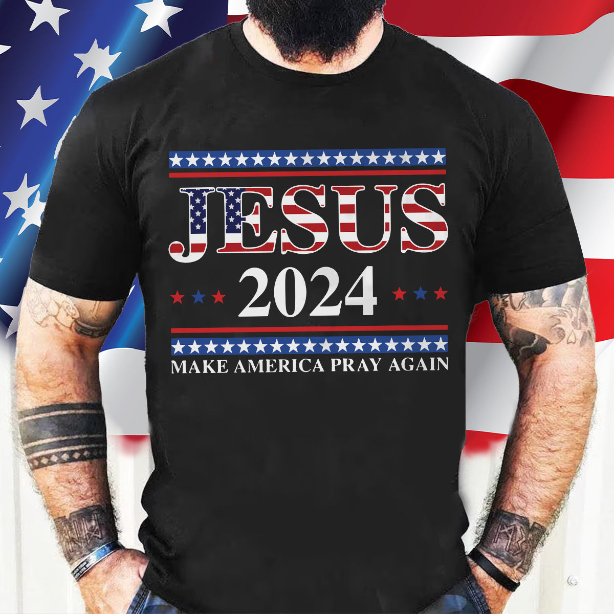 Teesdily | Jesus American T-shirt, Jesus 2024 Make America Pray Again Tee Sweatshirt Hoodie Mug, Christian Patriotic Shirt, Jesus Lovers Gifts