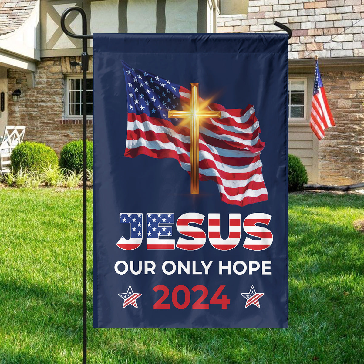 Teesdily | Jesus Cross American Flag, Jesus Our Only Hope 2024 House Flag, American Garden Flag, Patriotic Home Decoration Gifts, Jesus Lovers Flag