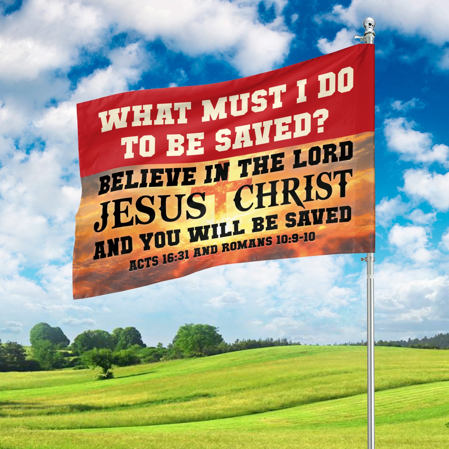 Teesdily | Jesus Bible Verse Garden Flag, Believe In The Lord Jesus And You Will Be Saved House Flag, Christ American Flag, Jesus Lovers Gifts