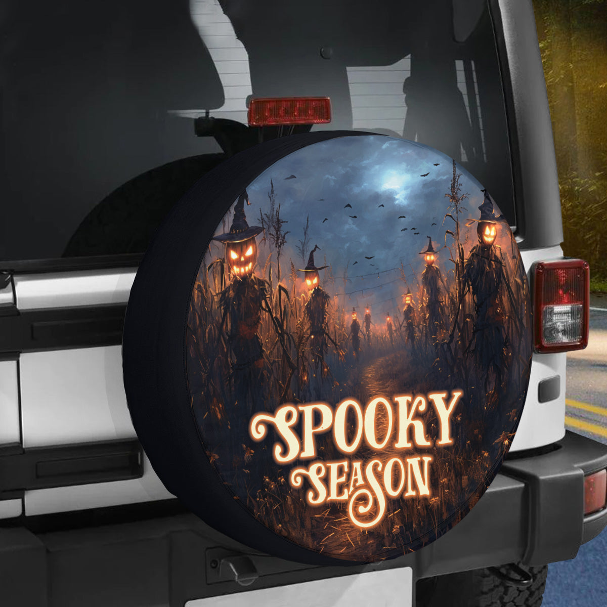 Teesdily | Halloween Spooky Season Car Spare Tire Cover, Scarecrow Pumpkin Corn Farming Car Wheel Cover, Car Decoration, Halloween Gifts