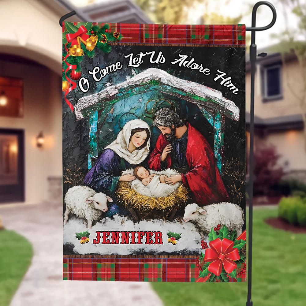 Teesdily | Customized Jesus Nativity Christmas Garden Flag, O Come Let Us Adore Him House Flag, Jesus Birth Gift, Xmas Gift