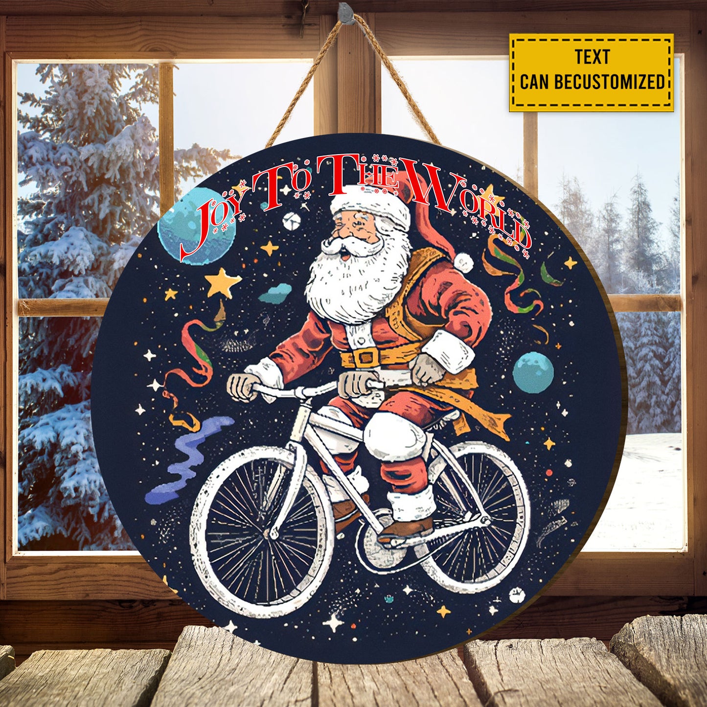 Teesdily | Customized Santa Claus Cycling Wood Sign Joy To The World Christmas Front Door Sign Funny Custom Face Wood Sign Xmas Decor