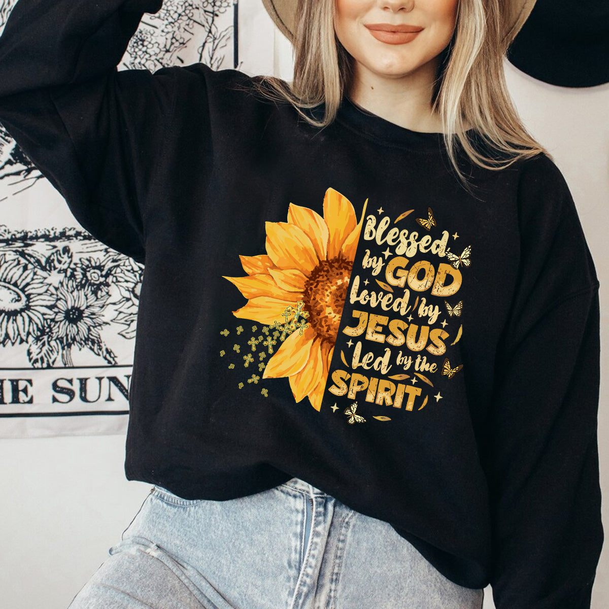 Teesdily | Jesus Christ Sunflower Tshirt, Blessed By God Loved By Jesus Sweatshirt Hoodie Mug, Jesus Cross Butterfly Shirt, Christian Girl Gifts