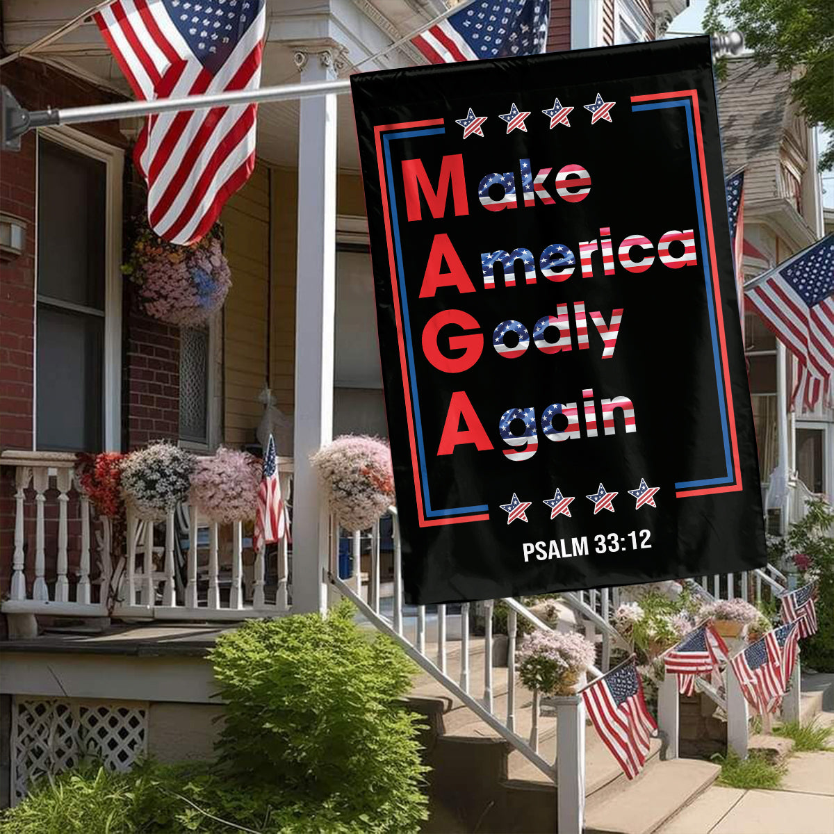 Teesdily | Make America Godly & Again Psalm 33:12 House Flag, Patriotic American Garden Flag, Patriot Outdoor Garden Decor, Christian Gifts